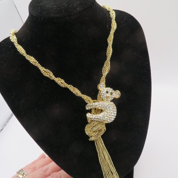 Gold Tone Tassel Rhinestone Koala Bear Necklace - Picture 3 of 14